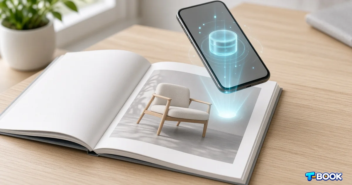 Open illustrated book on a desk with a smartphone showing an AR video overlay