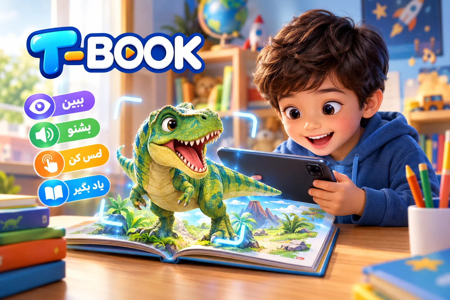 کتاب واقعیت افزوده برای کودکان با شخصیت سه بعدی دایناسور