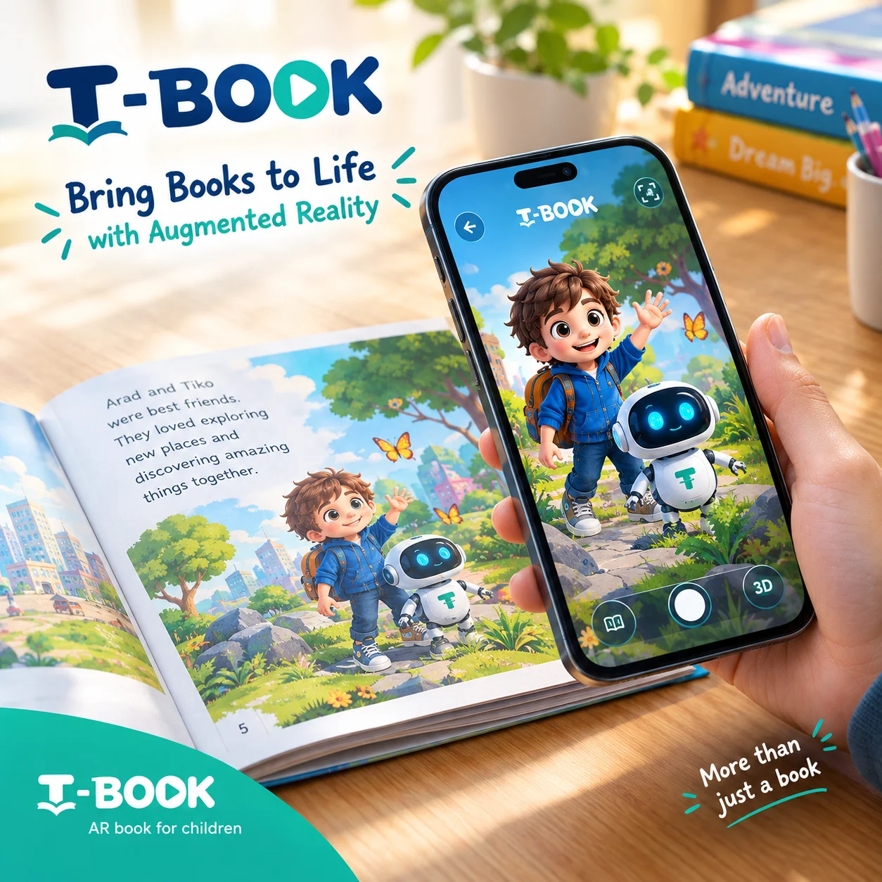 Phone on a printed book page showing augmented reality content — T-Book