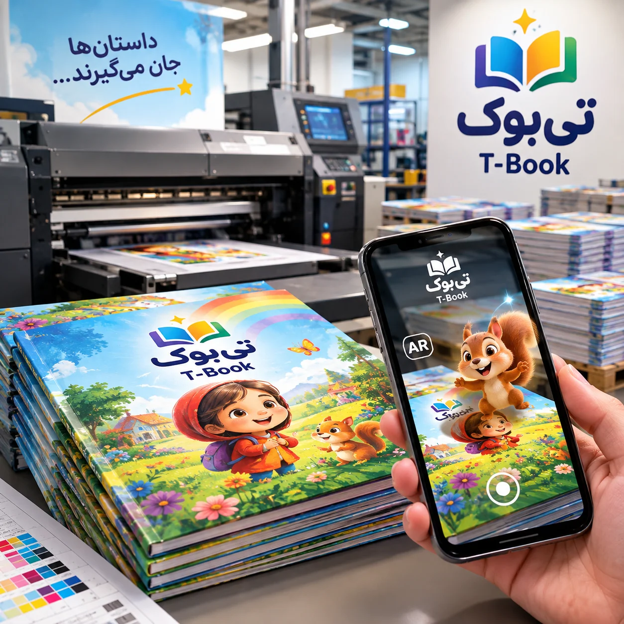 چاپ کتاب کودک رنگی در چاپخانه کنار گوشی واقعیت افزوده — تی‌بوک